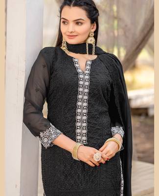  black georgette intricate thread worked ethnic dress material set with bottom & dupatta 3