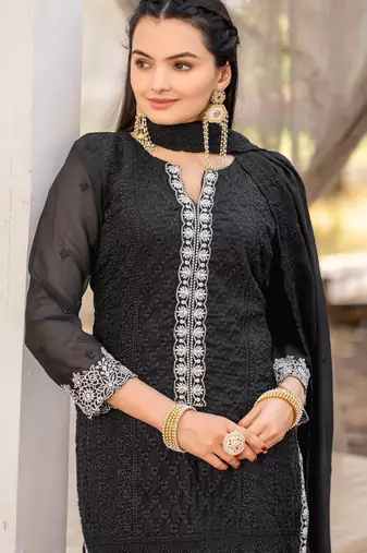  black georgette intricate thread worked ethnic dress material set with bottom & dupatta