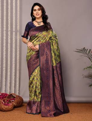 mehendi neavy silk blend banarasi saree with unstitched blouse piece 1