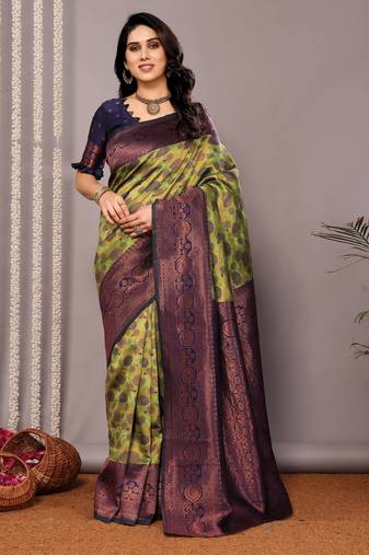 Mehendi neavy soft silk blend banarasi jacuard work designer party wear saree with unstitched blouse piece