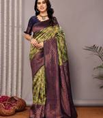 Mehendi neavy soft silk blend banarasi jacuard work designer party wear saree with unstitched blouse piece