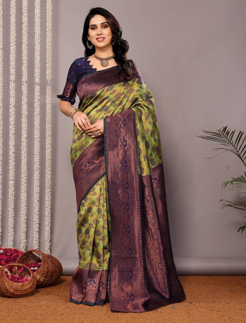 Mehendi neavy soft silk blend banarasi jacuard work designer party wear saree with unstitched blouse piece