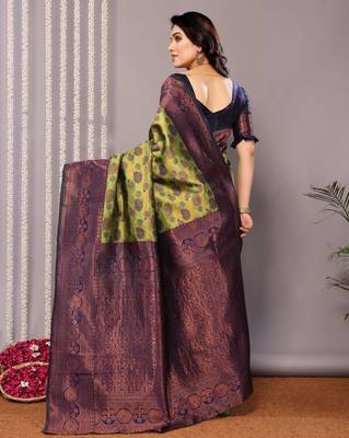 mehendi neavy silk blend banarasi saree with unstitched blouse piece 2