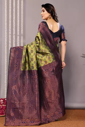 mehendi neavy silk blend banarasi saree with unstitched blouse piece