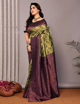mehendi neavy silk blend banarasi saree with unstitched blouse piece 3