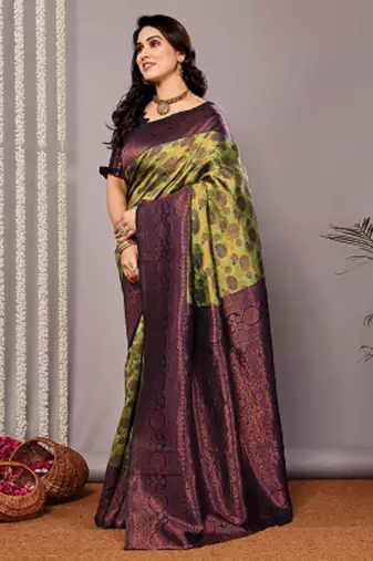 mehendi neavy silk blend banarasi saree with unstitched blouse piece