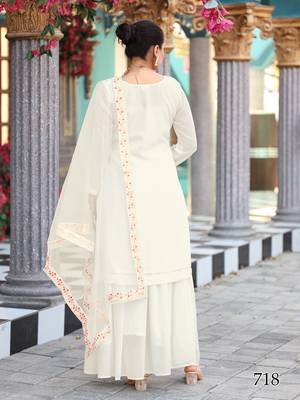  cream ethnic dress material set featuring delicate floral embroidery with skirt & dupatta 2