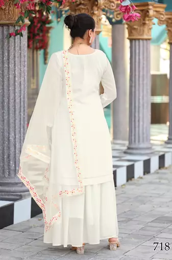  cream ethnic dress material set featuring delicate floral embroidery with skirt & dupatta