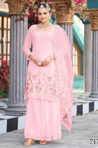 Elegant pastel pink unstiched ethnic dress material set featuring delicate floral embroidery with skirt & dupatta