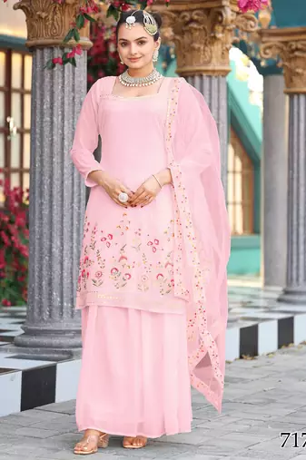 Elegant pastel pink unstiched ethnic dress material set featuring delicate floral embroidery with skirt & dupatta