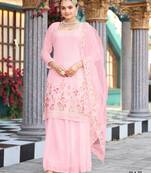 Elegant pastel pink unstiched ethnic dress material set featuring delicate floral embroidery with skirt & dupatta