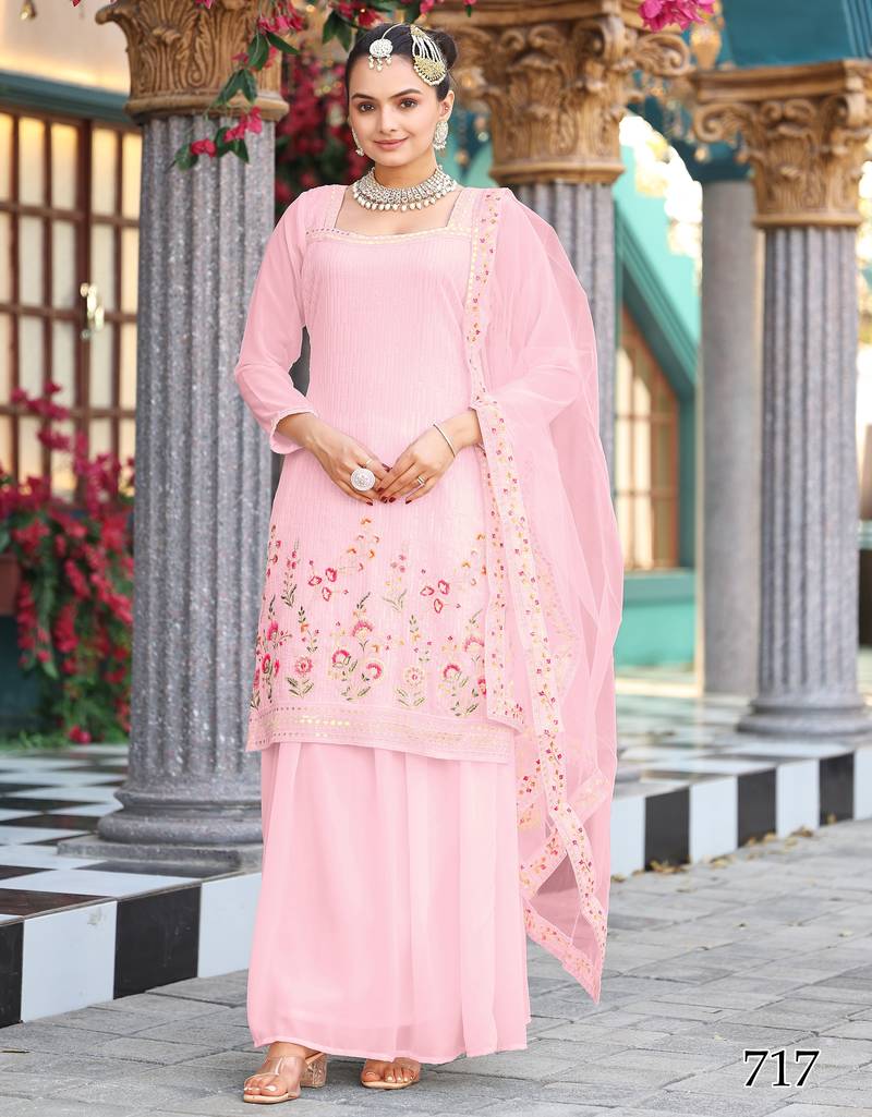 Elegant pastel pink unstiched ethnic dress material set featuring delicate floral embroidery with skirt & dupatta