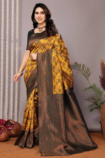 Yellow green soft silk blend banarasi jacuard work designer party wear saree with unstitched blouse piece