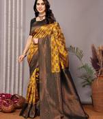 Yellow green soft silk blend banarasi jacuard work designer party wear saree with unstitched blouse piece
