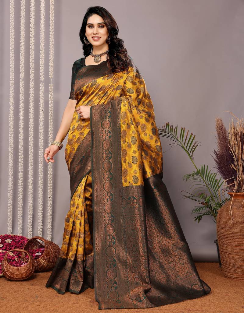 Yellow green soft silk blend banarasi jacuard work designer party wear saree with unstitched blouse piece