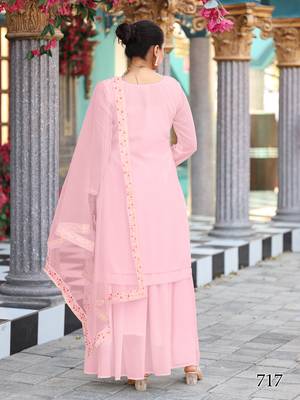  pastel pink ethnic dress material set featuring delicate floral embroidery with skirt & dupatta 2