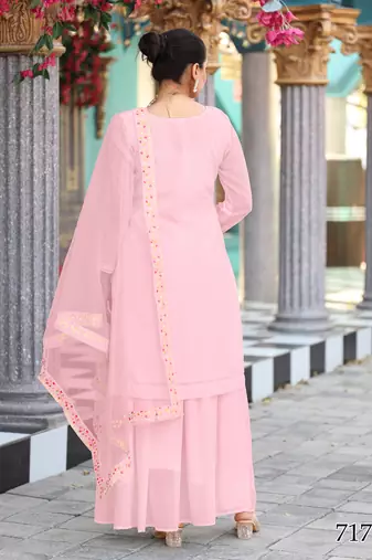  pastel pink ethnic dress material set featuring delicate floral embroidery with skirt & dupatta