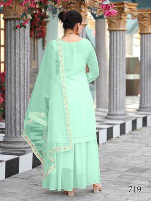 mint green ethnic dress material set featuring delicate floral embroidery with skirt & dupatta 2
