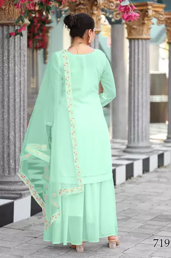  mint green ethnic dress material set featuring delicate floral embroidery with skirt & dupatta