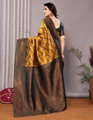 yellow green silk blend banarasi saree with unstitched blouse piece 3