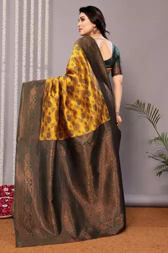 yellow green silk blend banarasi saree with unstitched blouse piece