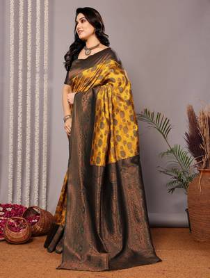 yellow green silk blend banarasi saree with unstitched blouse piece 4