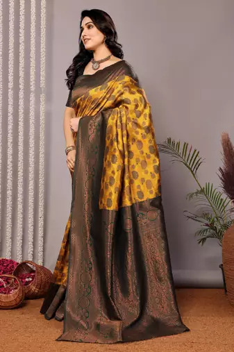 yellow green silk blend banarasi saree with unstitched blouse piece