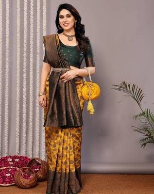 yellow green silk blend banarasi saree with unstitched blouse piece 1