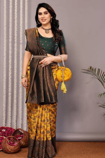 yellow green soft art silk blend banarasi jacuard work designer party wear saree with unstitched blouse piece