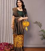 yellow green silk blend banarasi saree with unstitched blouse piece