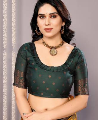 yellow green silk blend banarasi saree with unstitched blouse piece 5