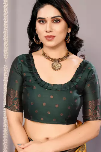 yellow green silk blend banarasi saree with unstitched blouse piece
