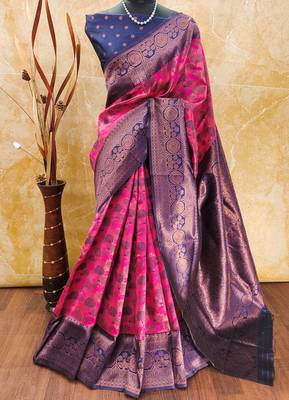 pink neavy blue silk blend banarasi saree with unstitched blouse piece 1