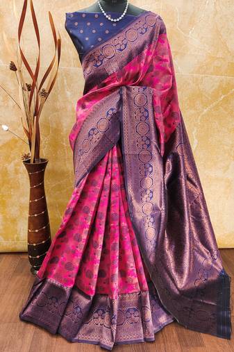 Pink neavy blue soft silk blend banarasi jacuard work designer party wear saree with unstitched blouse piece