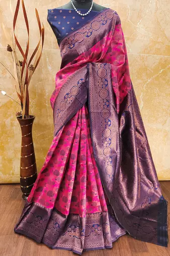 Pink neavy blue soft silk blend banarasi jacuard work designer party wear saree with unstitched blouse piece