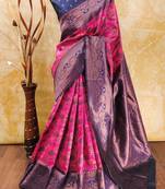 Pink neavy blue soft silk blend banarasi jacuard work designer party wear saree with unstitched blouse piece