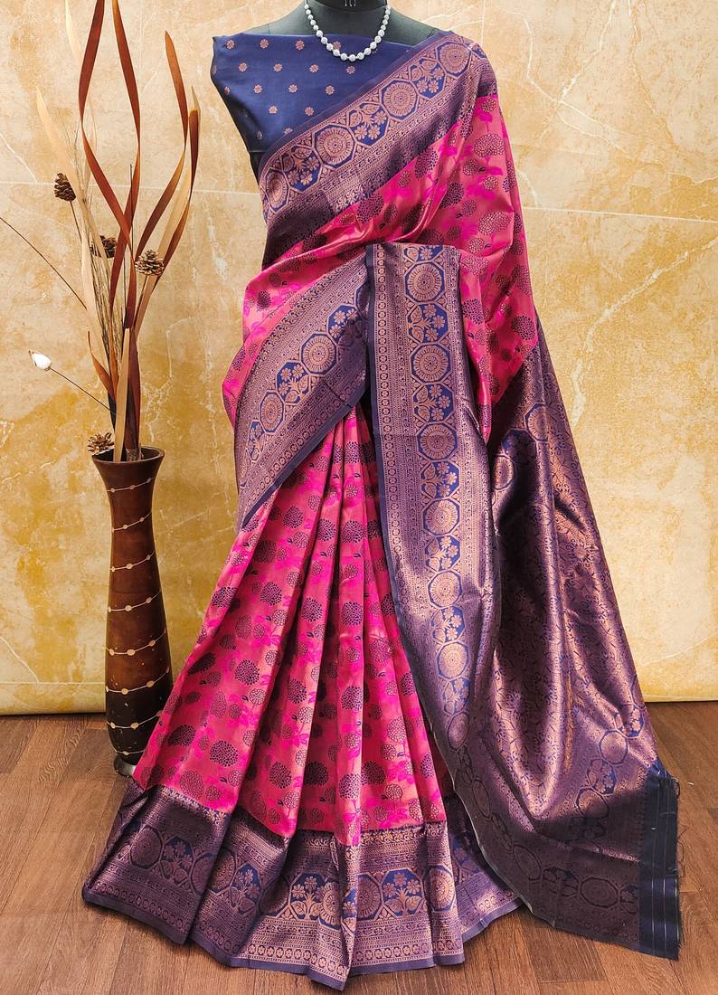 Pink neavy blue soft silk blend banarasi jacuard work designer party wear saree with unstitched blouse piece