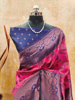 pink neavy blue silk blend banarasi saree with unstitched blouse piece 2