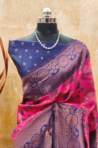 pink neavy blue silk blend banarasi saree with unstitched blouse piece