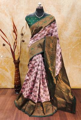 light pink green silk blend banarasi saree with unstitched blouse piece 1
