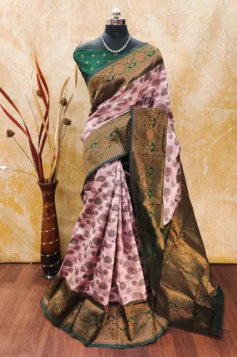 Light pink green soft silk blend banarasi jacuard work designer party wear saree with unstitched blouse piece