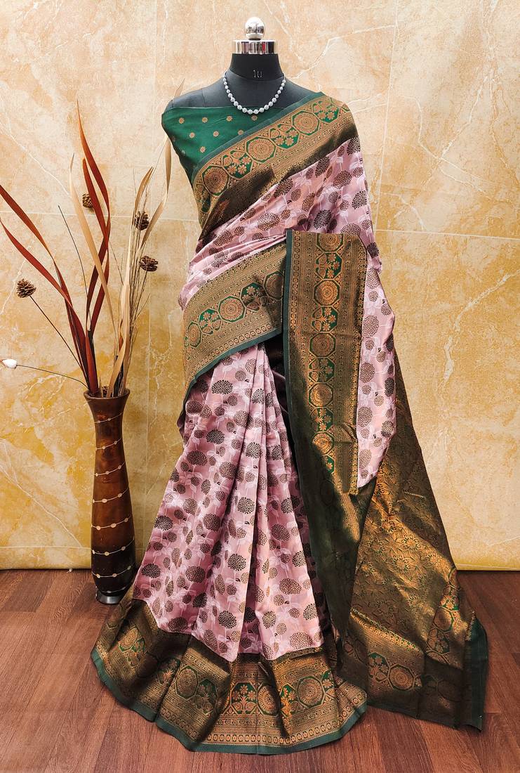 Light pink green soft silk blend banarasi jacuard work designer party wear saree with unstitched blouse piece