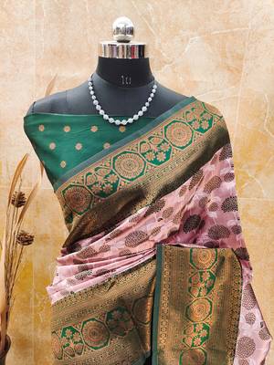 light pink green silk blend banarasi saree with unstitched blouse piece 2