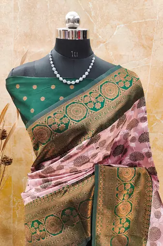 light pink green silk blend banarasi saree with unstitched blouse piece