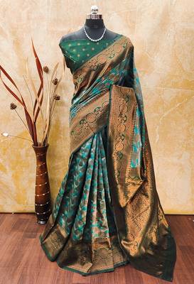 rama green silk blend banarasi saree with unstitched blouse piece 1