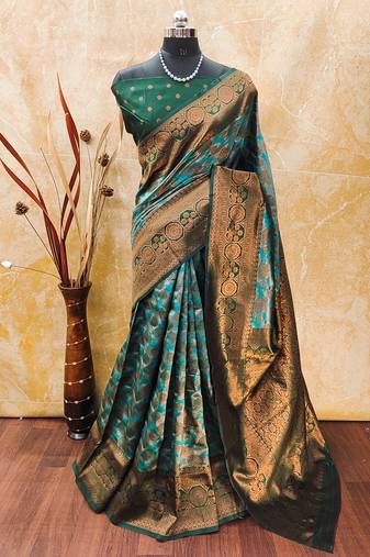 Rama green soft silk blend banarasi jacuard work designer party wear saree with unstitched blouse piece