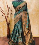 Rama green soft silk blend banarasi jacuard work designer party wear saree with unstitched blouse piece