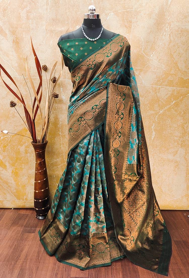 Rama green soft silk blend banarasi jacuard work designer party wear saree with unstitched blouse piece