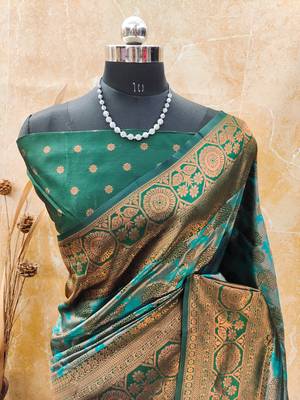 rama green silk blend banarasi saree with unstitched blouse piece 2
