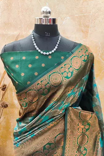 rama green silk blend banarasi saree with unstitched blouse piece